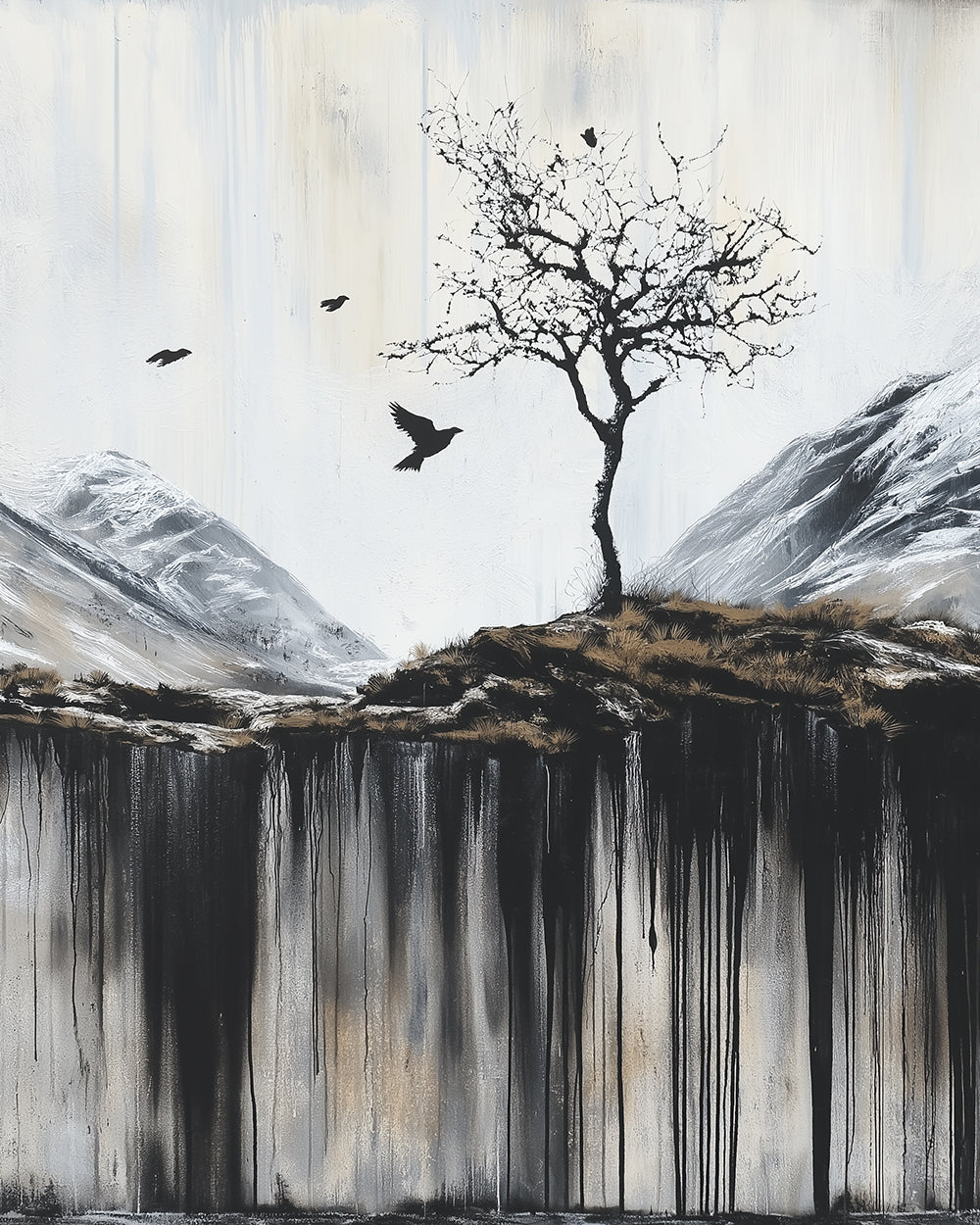 Arbre Solitaire et Corbeaux sur la Falaise Broderie Diamant