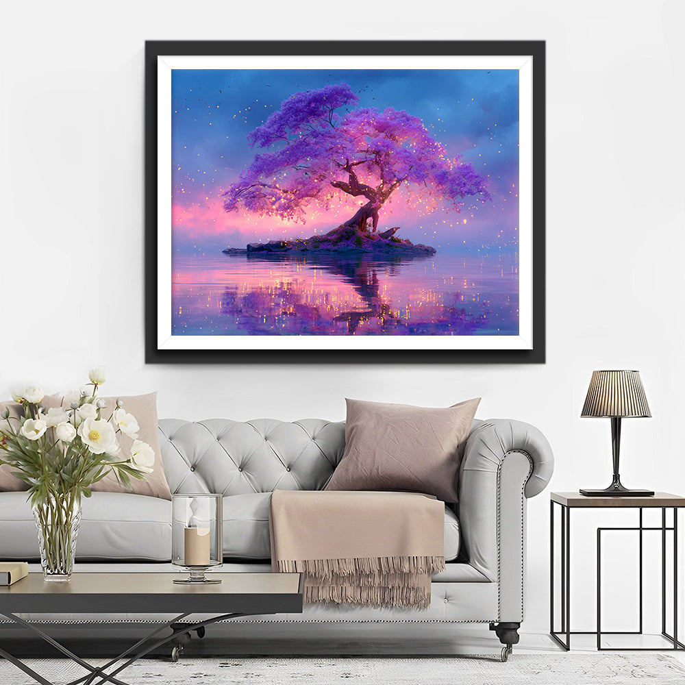 Arbre Violet Lumineux sur le Lac Broderie Diamant