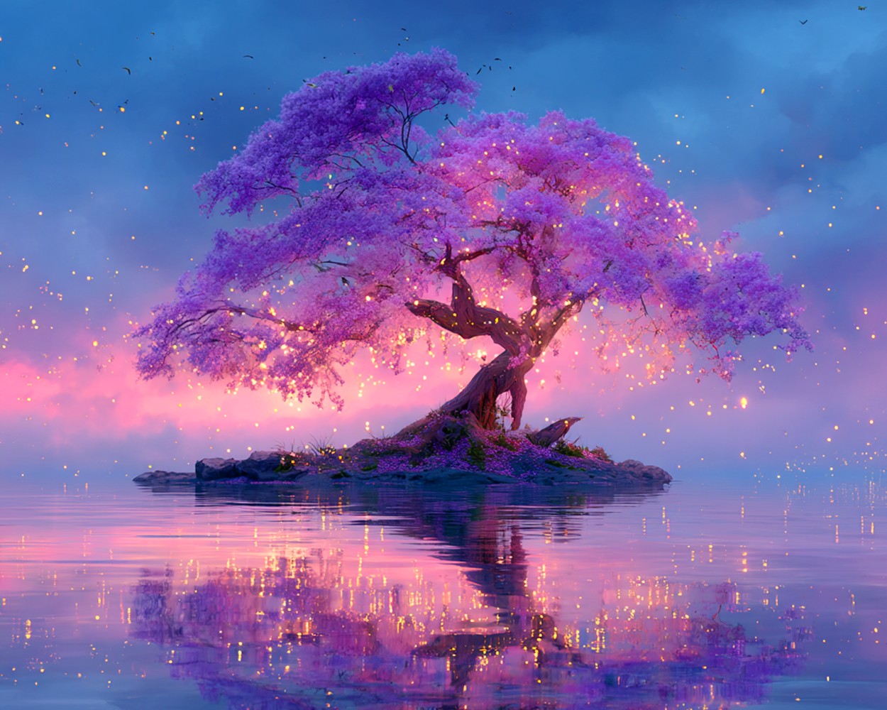 Arbre Violet Lumineux sur le Lac Broderie Diamant