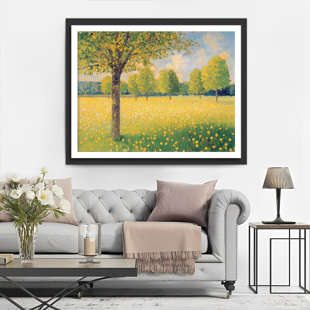 Arbres dans un Champ de Fleurs Jaunes Broderie Diamant