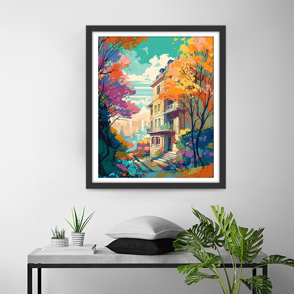 Arbres d'Automne entre les Hauts Immeubles Broderie Diamant