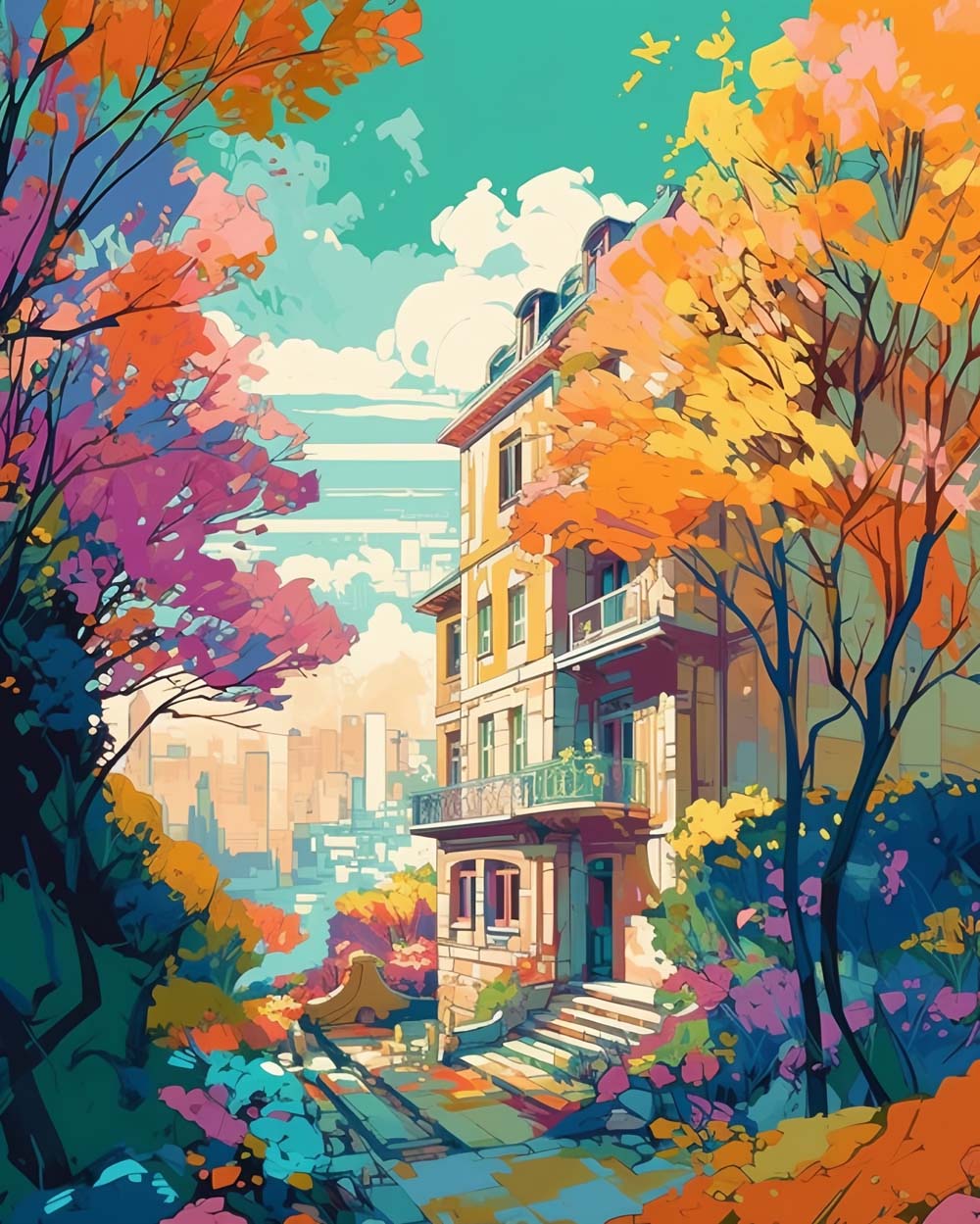 Arbres d'Automne entre les Hauts Immeubles Broderie Diamant