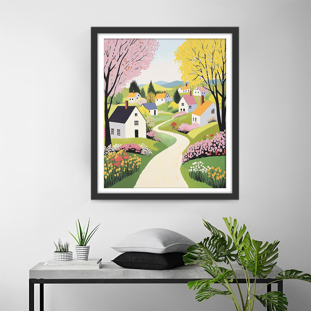 Arbres de Printemps et Maisons à la Campagne Broderie Diamant