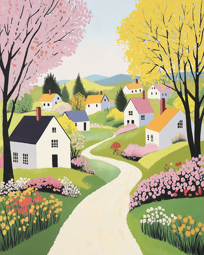 Arbres de Printemps et Maisons à la Campagne Broderie Diamant