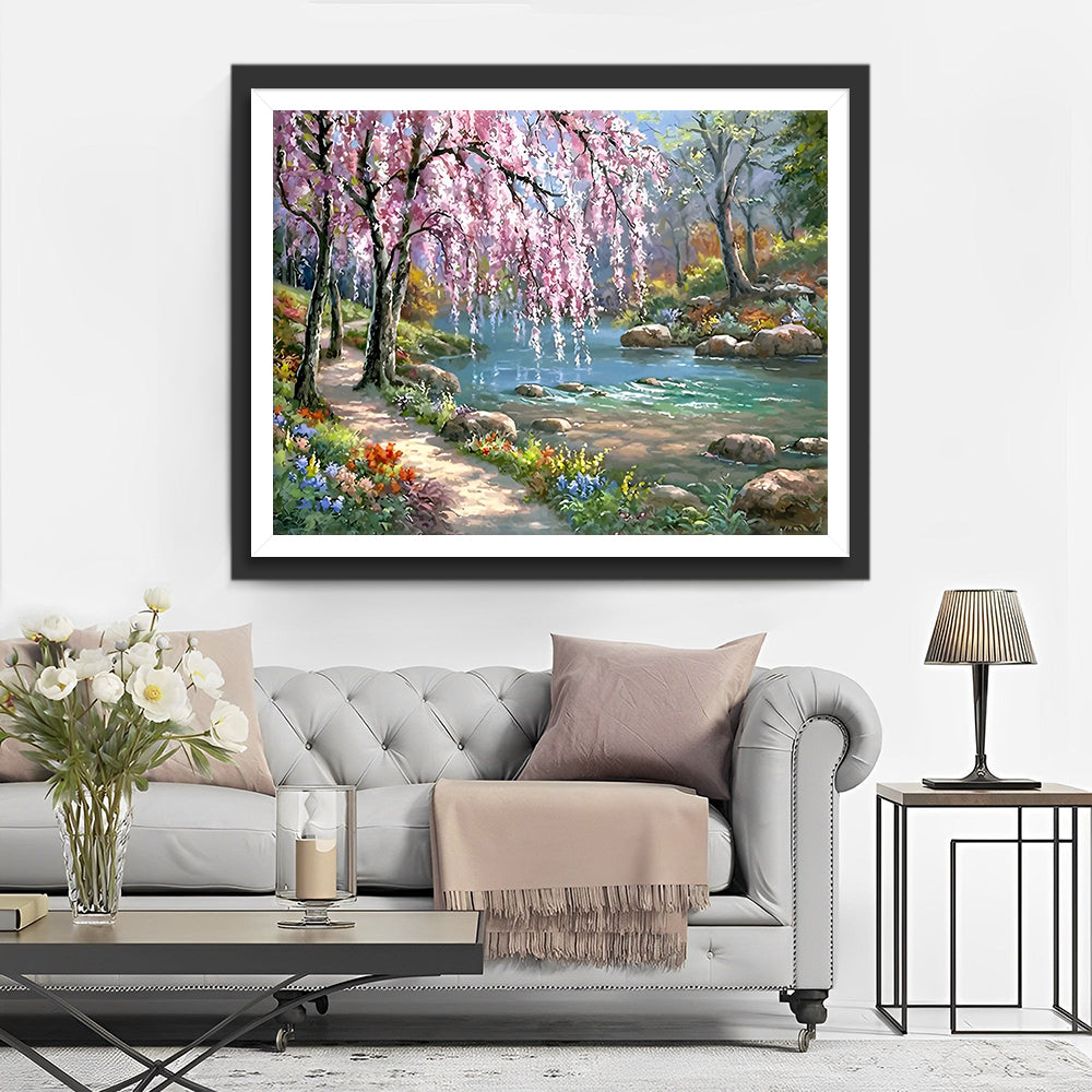 Arbres Fleuris Roses au Bord de la Rivière Broderie Diamant