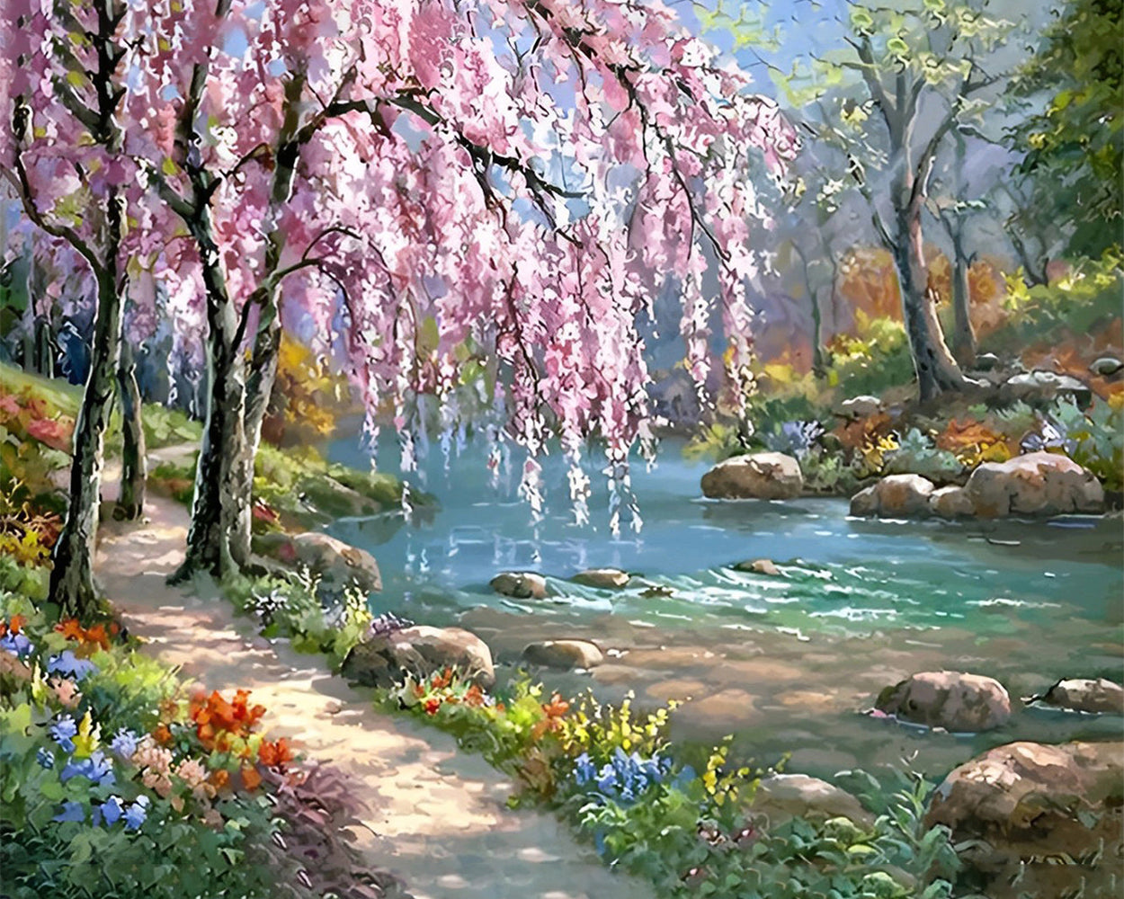 Arbres Fleuris Roses au Bord de la Rivière Broderie Diamant