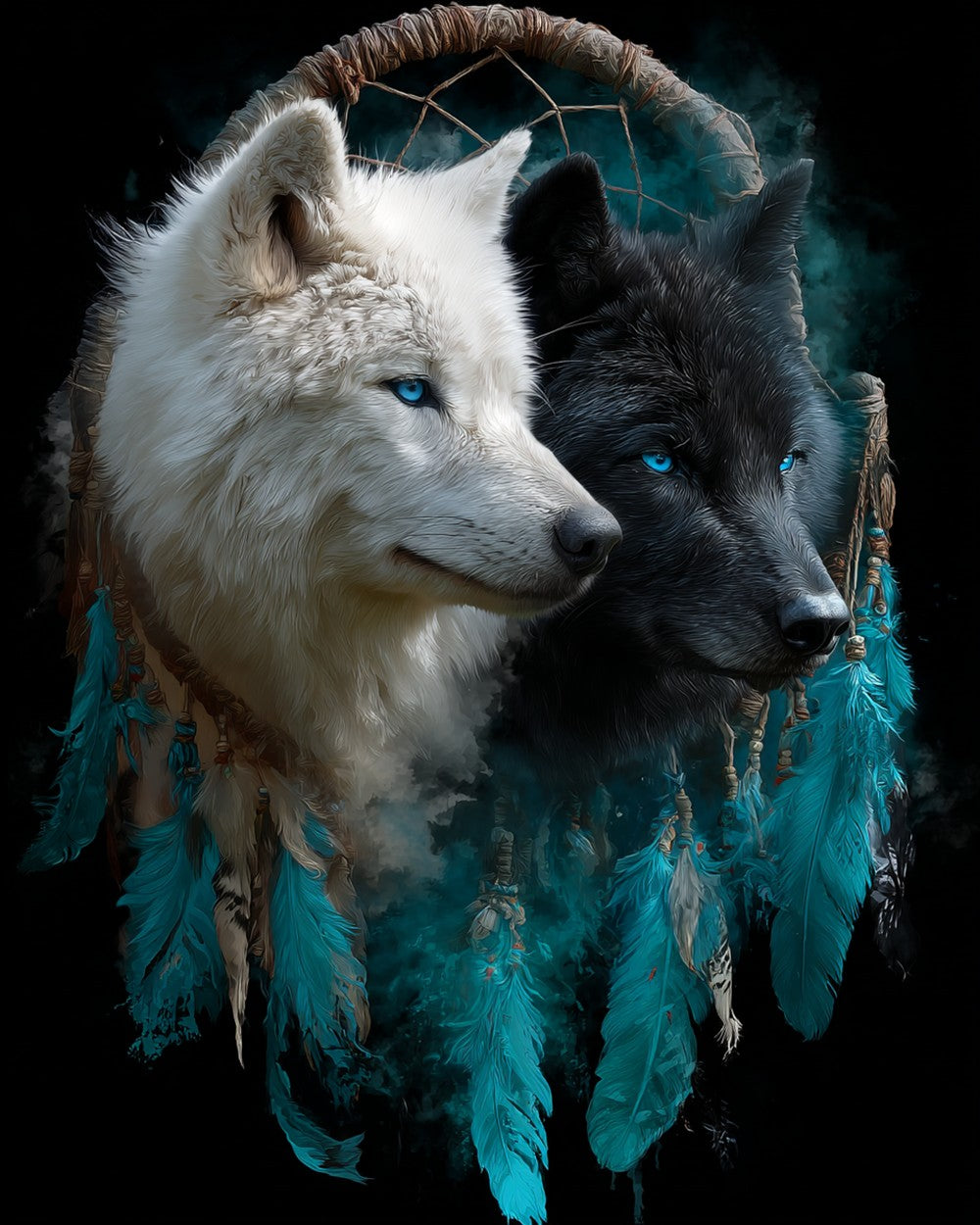 Attrape-Rêve du Loup Noir et Blanc Broderie Diamant