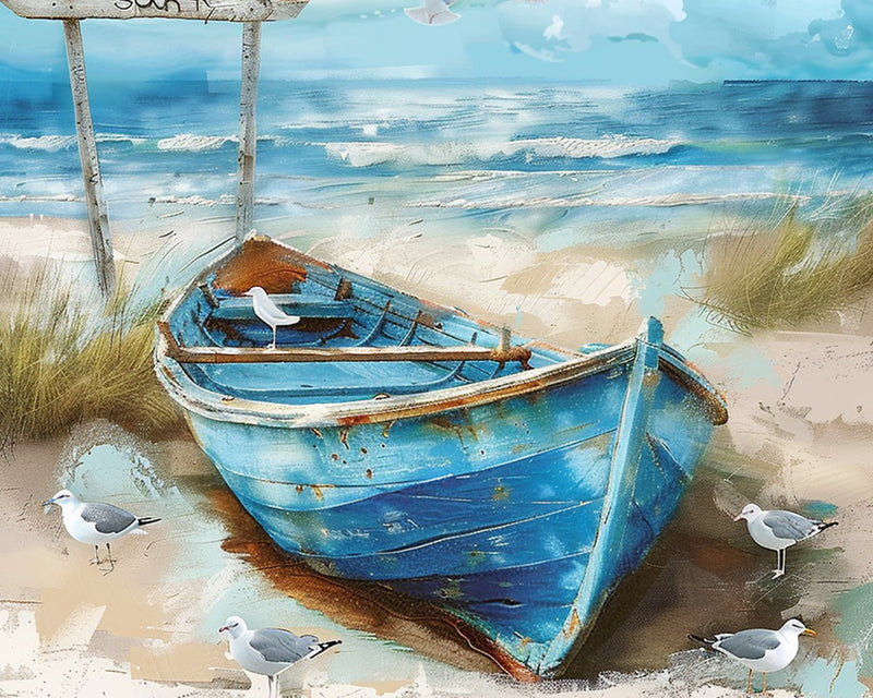 Bateau Bleu sur la Plage Broderie Diamant
