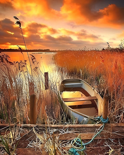 Bateau dans les Roseaux au Bord du Lac Broderie Diamant