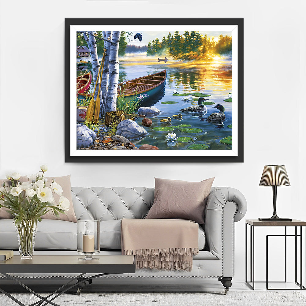 Bateau et Canards sur le Lac Printanier Broderie Diamant
