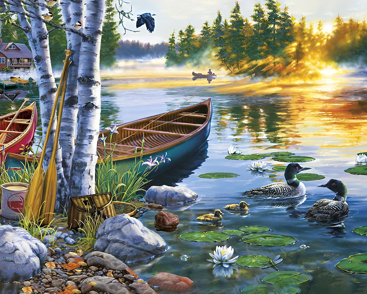 Bateau et Canards sur le Lac Printanier Broderie Diamant