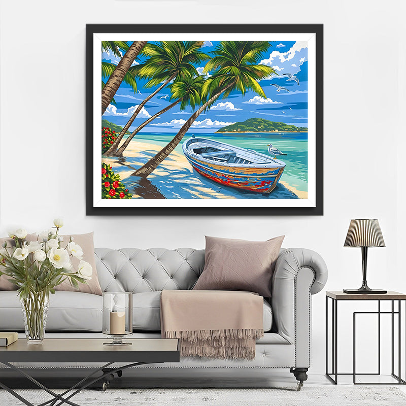 Bateau et Palmiers au Bord de la Mer Broderie Diamant