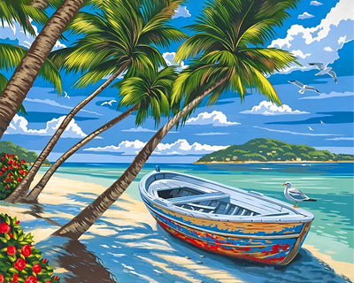 Bateau et Palmiers au Bord de la Mer Broderie Diamant