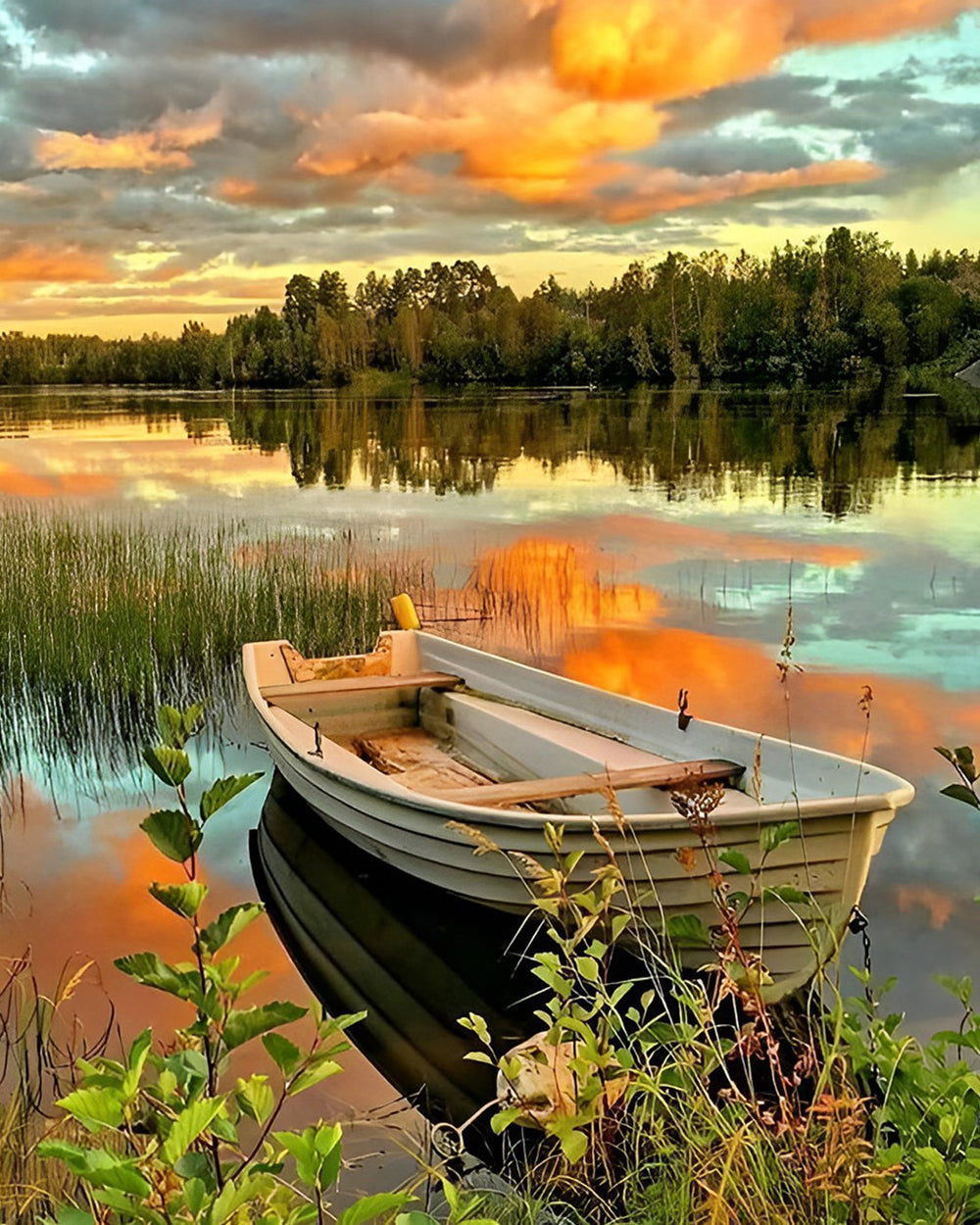 Bateau sur le Lac d'Automne au Coucher du Soleil Broderie Diamant