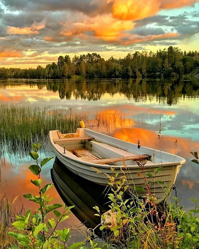 Bateau sur le Lac d'Automne au Coucher du Soleil Broderie Diamant