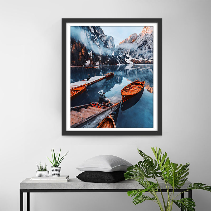 Bateau sur le Lac de Montagne Broderie Diamant