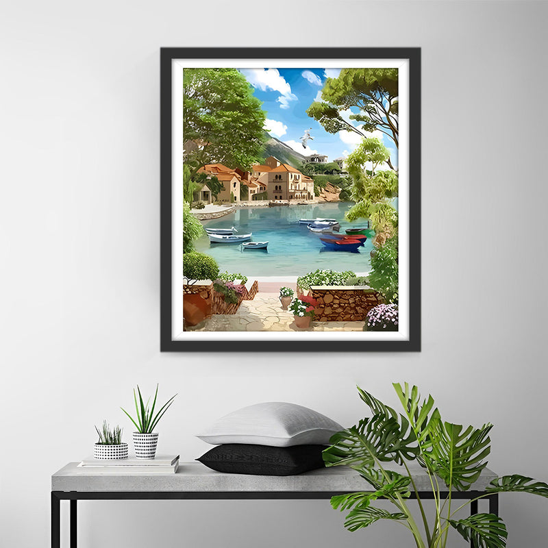 Bateaux dans la Ville Côtière Broderie Diamant