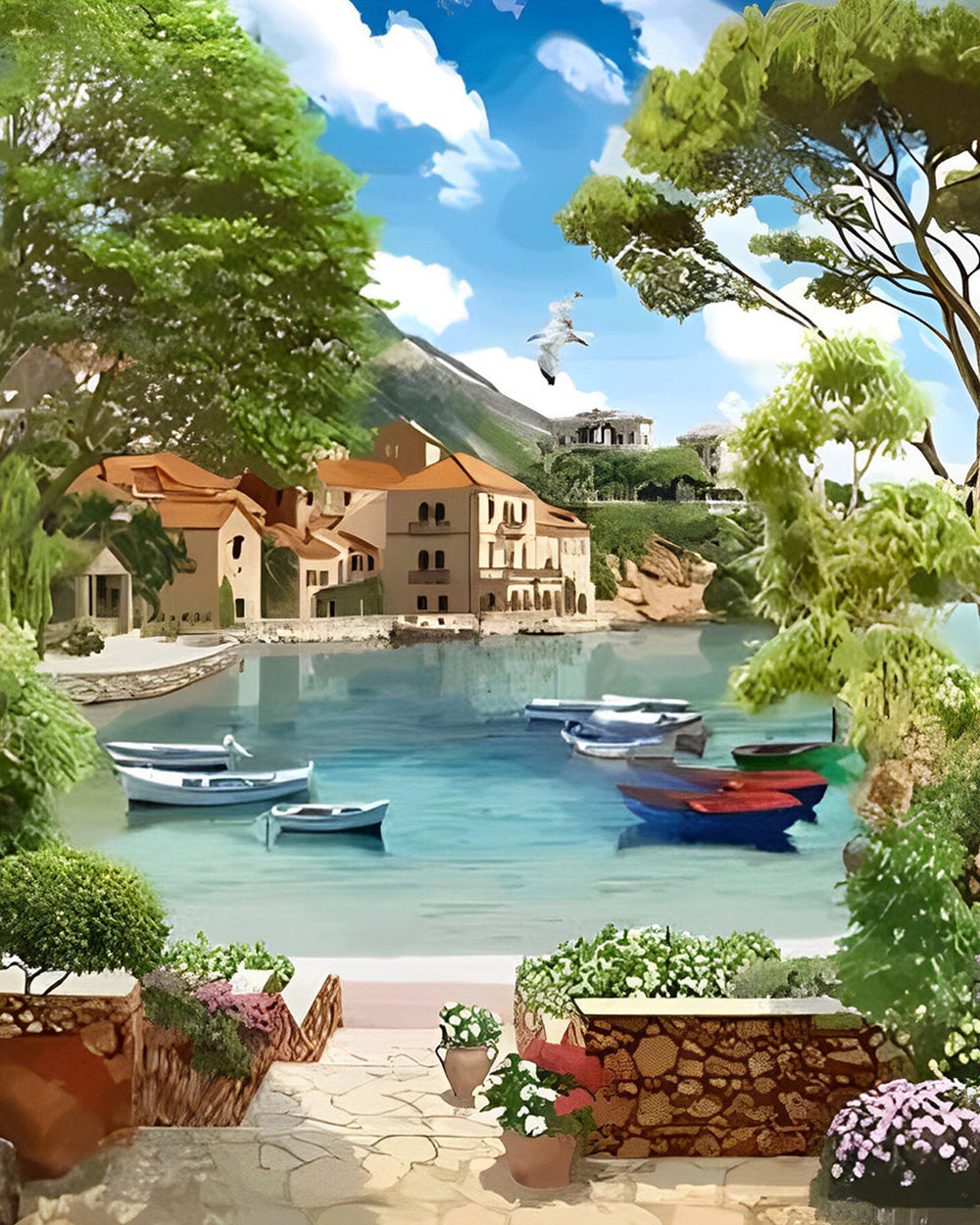 Bateaux dans la Ville Côtière Broderie Diamant