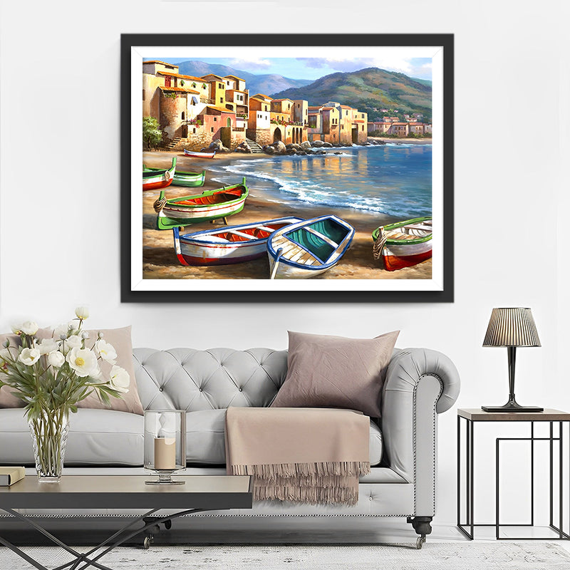 Bateaux de Mer Colorés sur la Plage Broderie Diamant