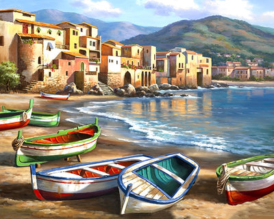 Bateaux de Mer Colorés sur la Plage Broderie Diamant