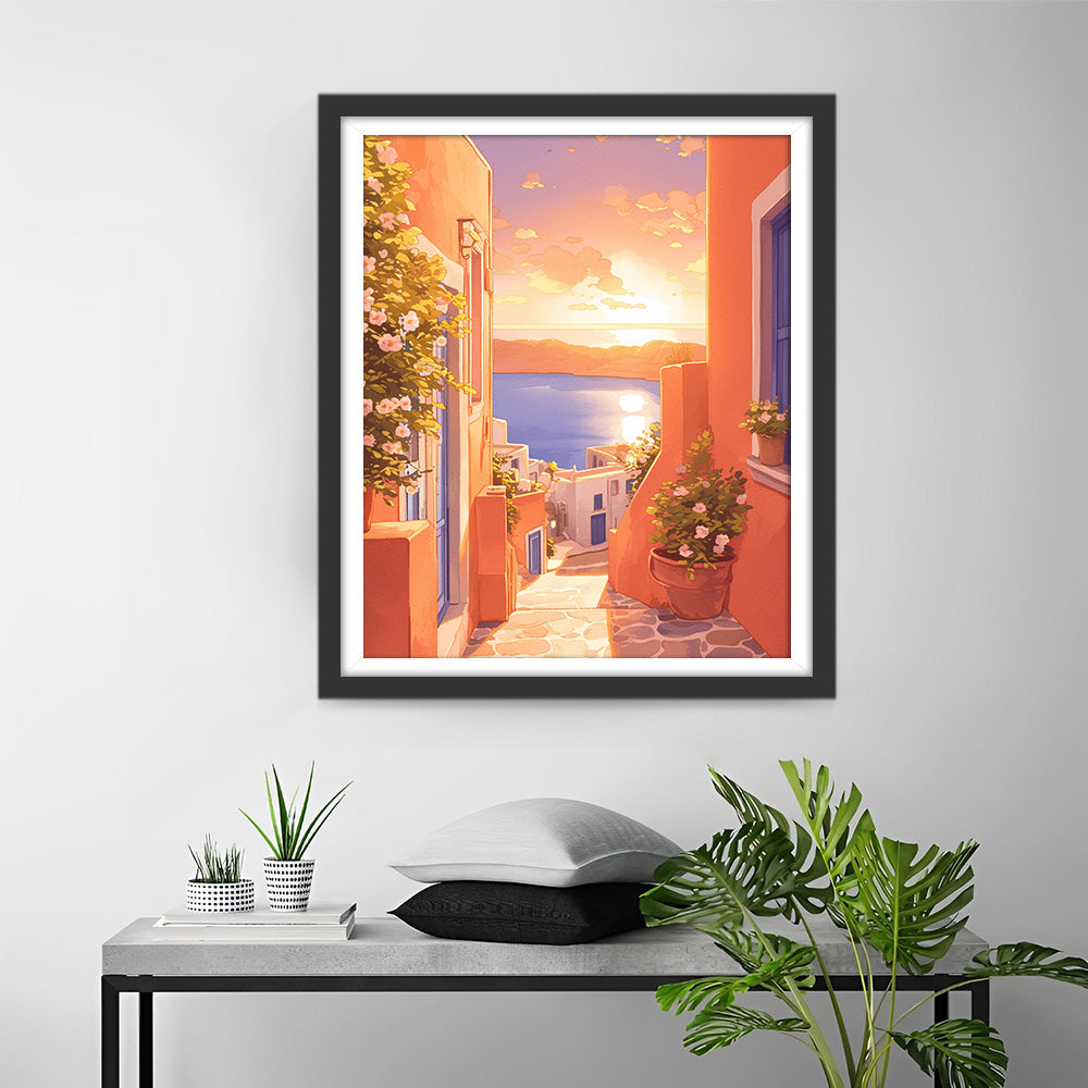 Bâtiment Rose au Bord de la Mer Broderie Diamant