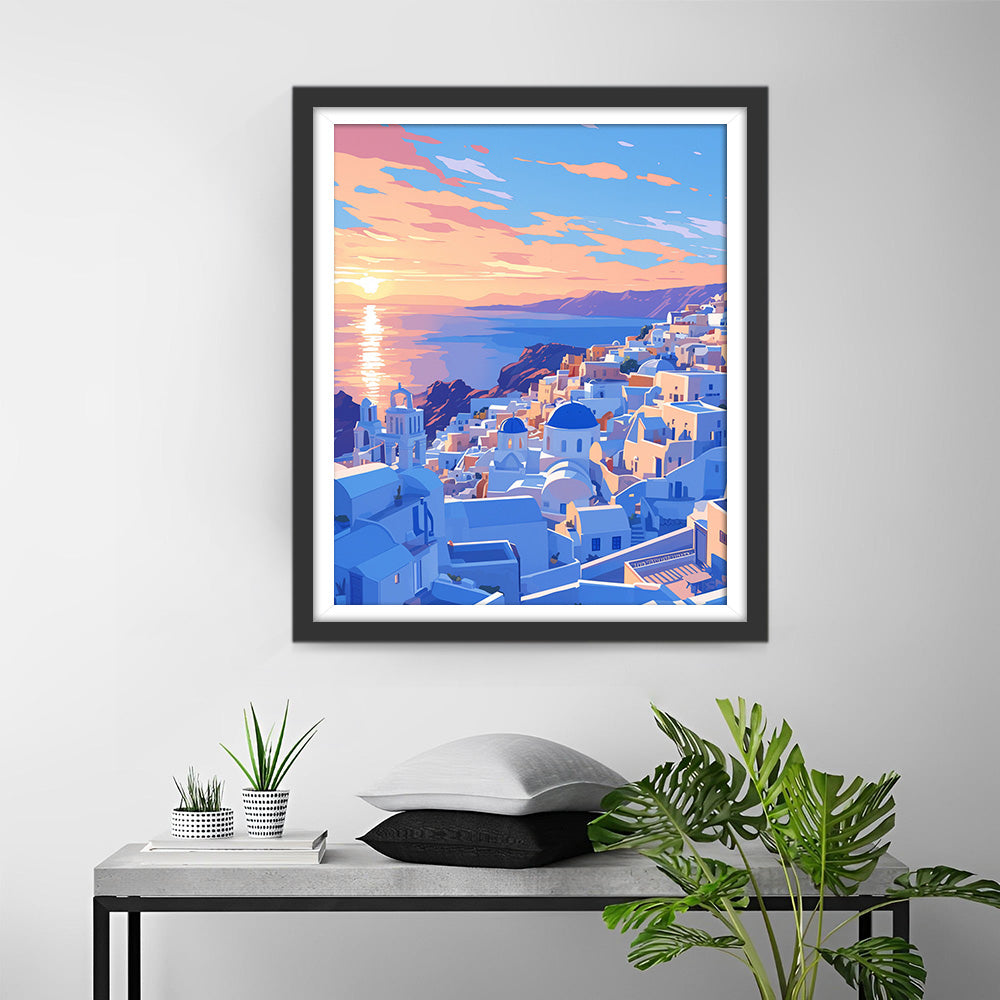 Bâtiments Bleus et Blancs au Bord de la Mer Broderie Diamant