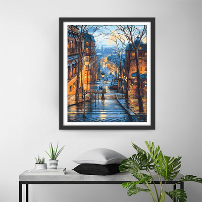 Bâtiments de la Ville et Lampadaires la Nuit Broderie Diamant