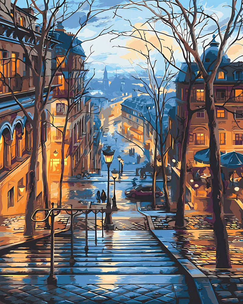 Bâtiments de la Ville et Lampadaires la Nuit Broderie Diamant
