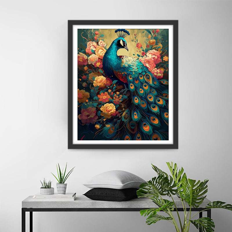 Beau Paon et Fleurs de Pivoine Broderie Diamant