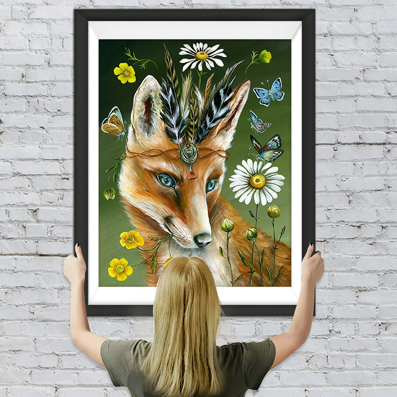 Beau Renard Roux et Fleurs Broderie Diamant