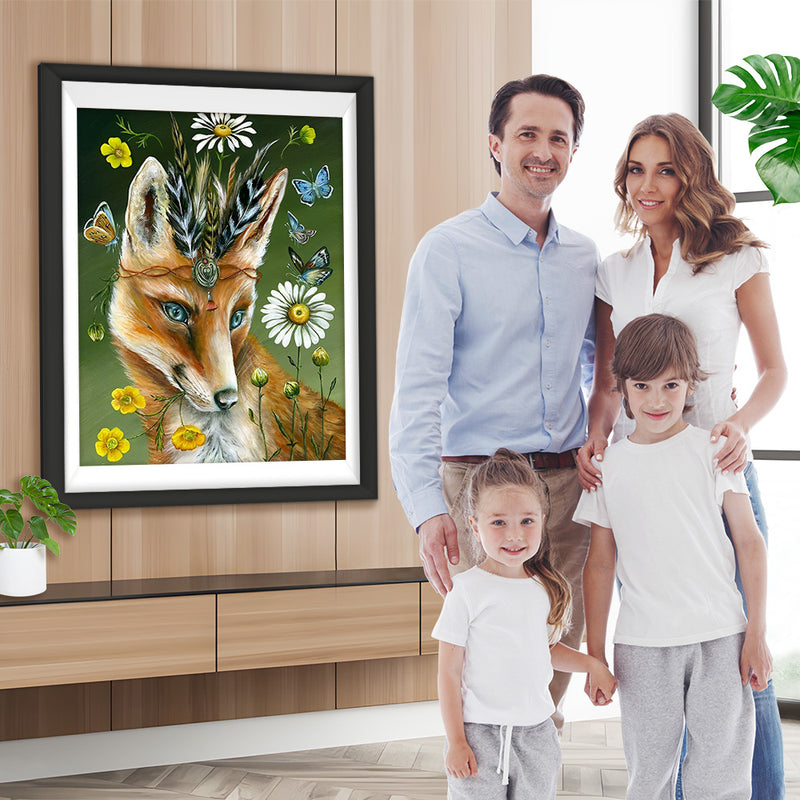 Beau Renard Roux et Fleurs Broderie Diamant