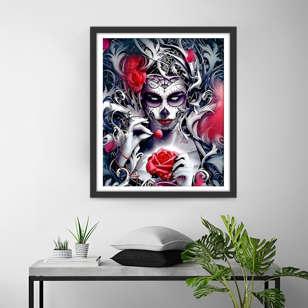 Beauté Squelette et Roses Rouges Broderie Diamant