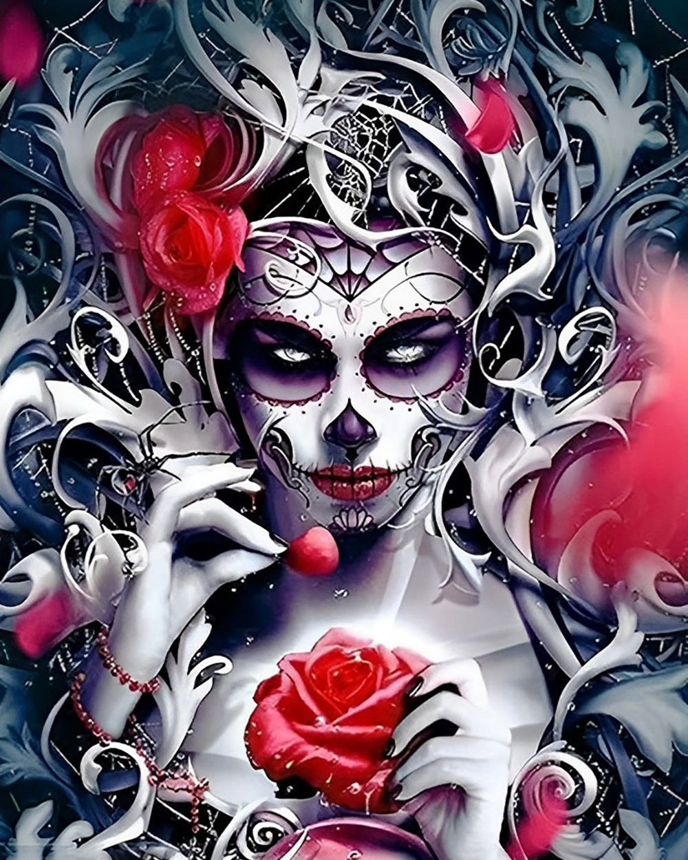 Beauté Squelette et Roses Rouges Broderie Diamant