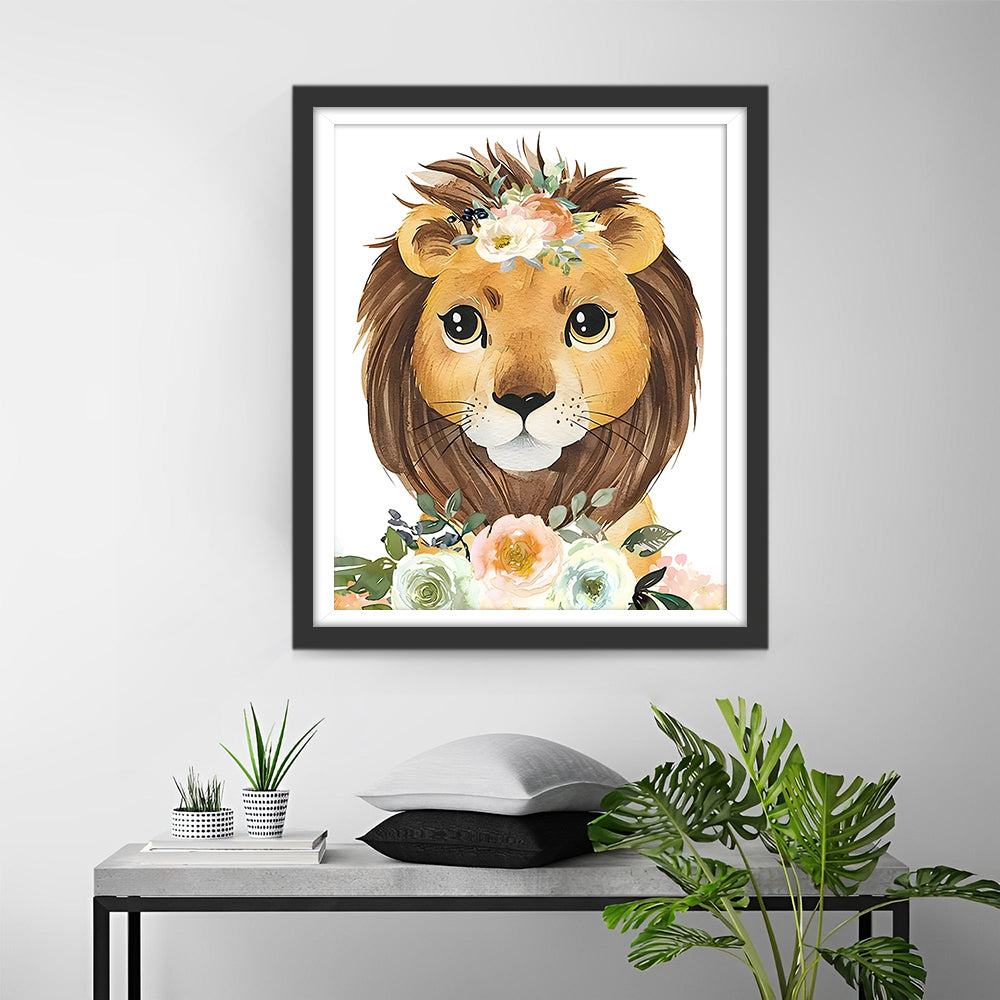 Bébé Lion Tenant des Fleurs Broderie Diamant
