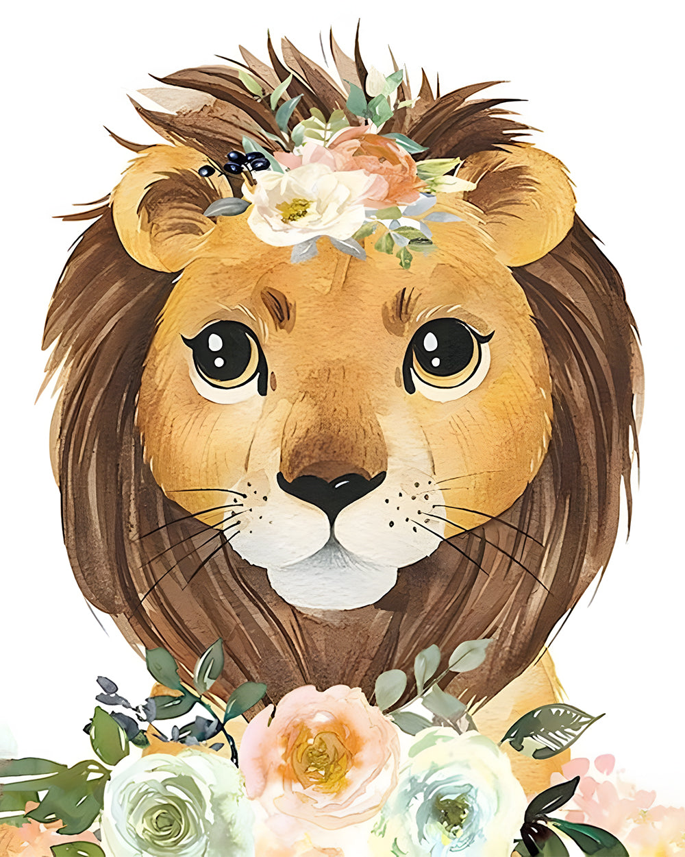 Bébé Lion Tenant des Fleurs Broderie Diamant