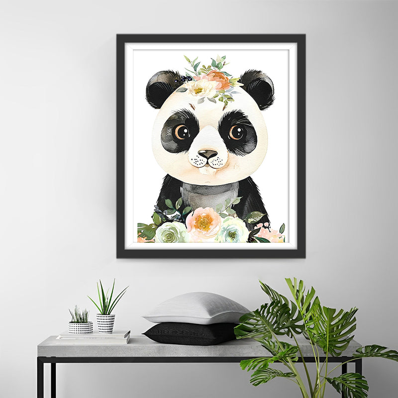 Bébé Panda Tenant des Fleurs Broderie Diamant