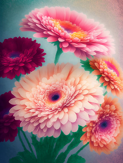 Belles Chrysanthèmes Roses et Rouges Broderie Diamant