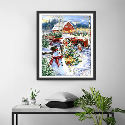 Bonhomme de Neige et Tracteur dans une Ferme d'Arbres Broderie Diamant