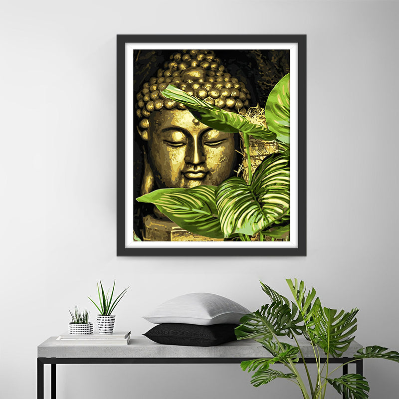 Bouddha Doré et Feuilles Vertes Broderie Diamant