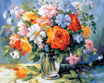 Bouquet dans un Vase en Verre Blanc Broderie Diamant