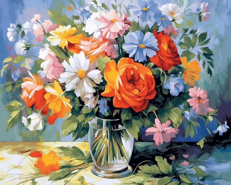 Bouquet dans un Vase en Verre Blanc Broderie Diamant