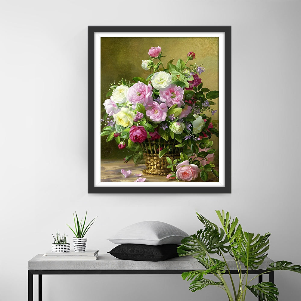 Bouquet de Fleurs dans Panier en Bambou Broderie Diamant