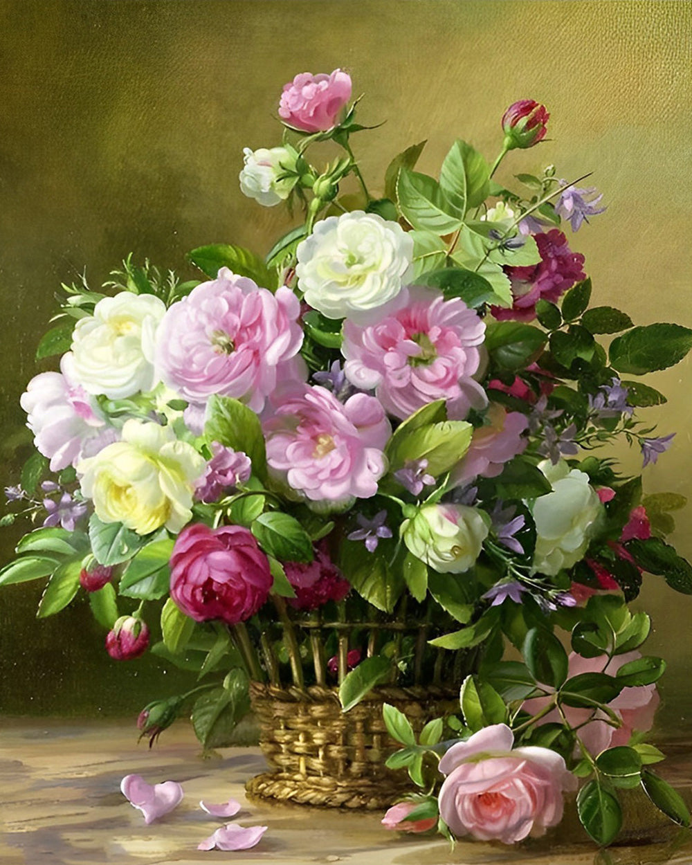 Bouquet de Fleurs dans Panier en Bambou Broderie Diamant