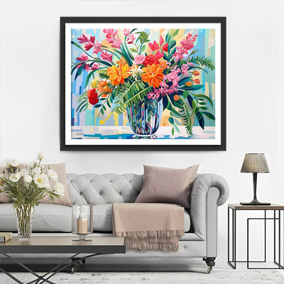 Bouquet de Fleurs et Feuilles dans un Vase en Verre Broderie Diamant