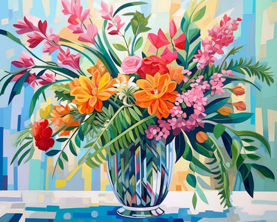 Bouquet de Fleurs et Feuilles dans un Vase en Verre Broderie Diamant