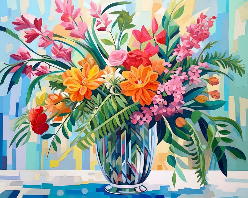Bouquet de Fleurs et Feuilles dans un Vase en Verre Broderie Diamant