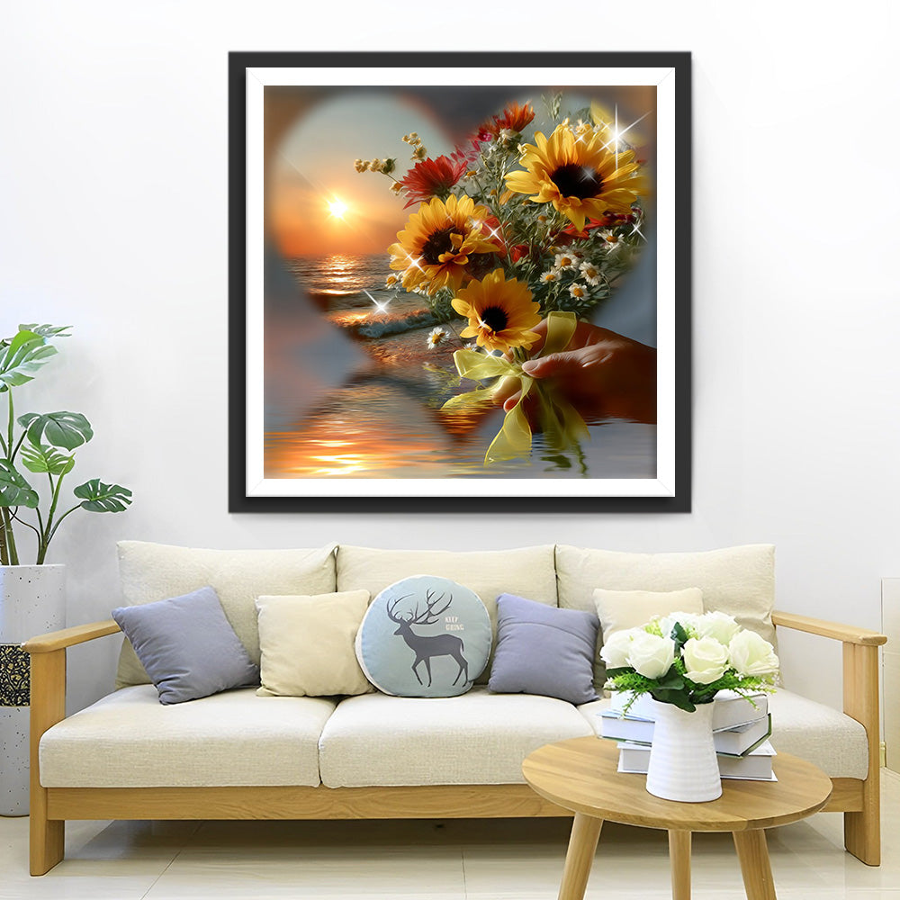 Bouquet de Tournesols et Marguerites en Forme de Cœur Broderie Diamant