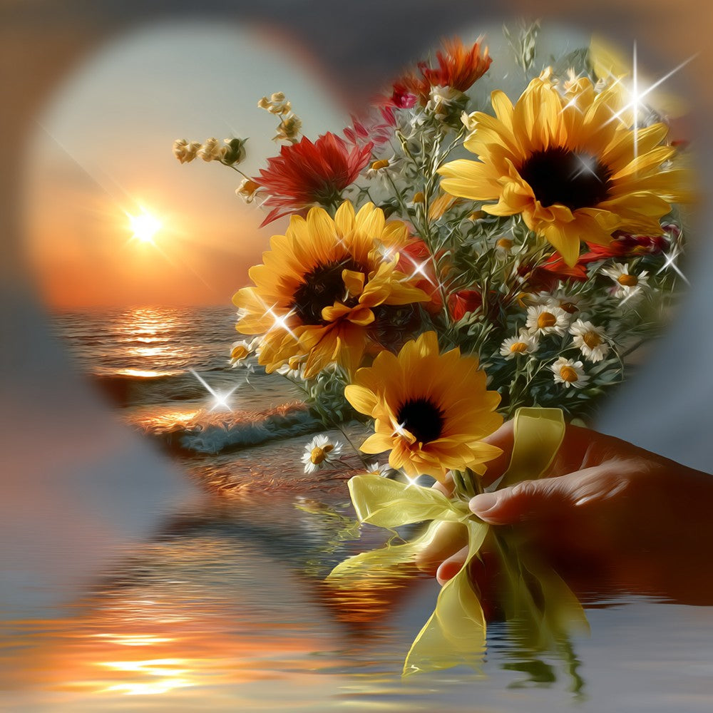 Bouquet de Tournesols et Marguerites en Forme de Cœur Broderie Diamant