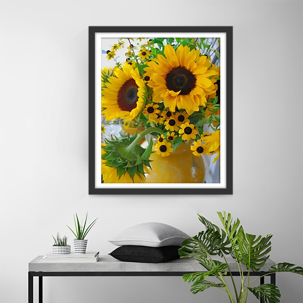 Bouquets de Tournesols dans un Vase Jaune Broderie Diamant