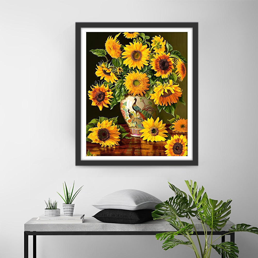 Bouquets de Tournesols dans un Vase Paon Broderie Diamant